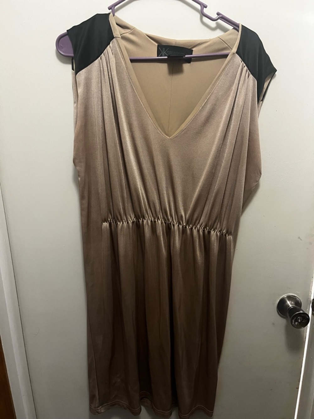 Kardashian Kollection Taupe Midi Dress with Black Shoulder Panels